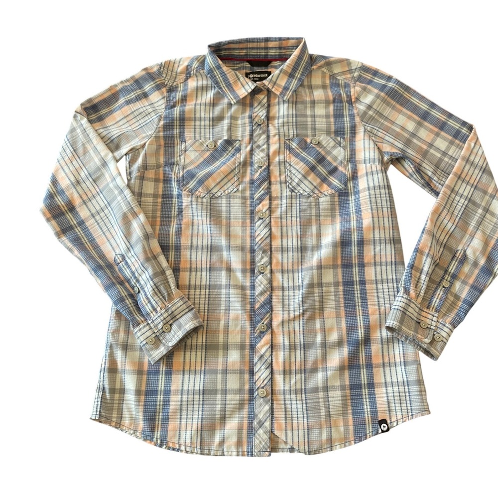Marmot Womens Plaid Button Up Hiking Shirt Blue Orange Long Sleeve Size M